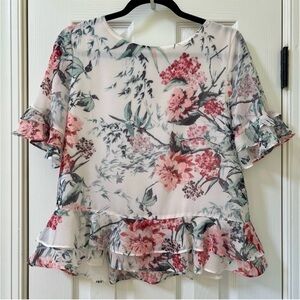 Adrienne Vittadini Women Ruffle Sleeve Peplum Floral Blouse Size S NWOT